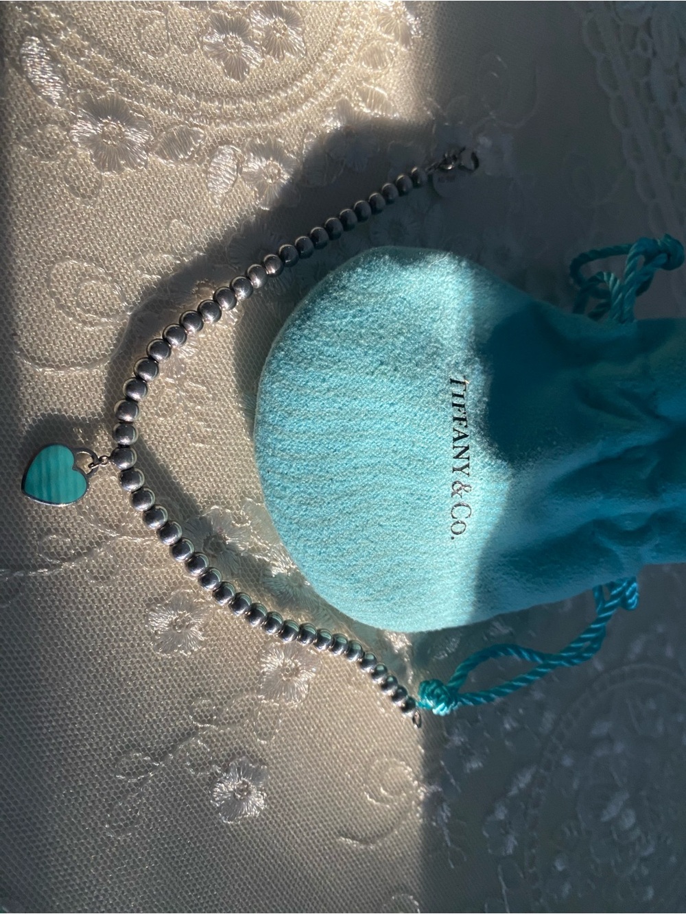 Tiffany & Co. Sterling Silver Bead Necklace with Turquoise Heart Charm